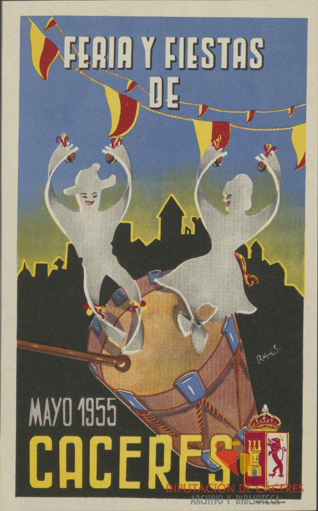 Ein buntes Plakat, das die "Feria y Fiestas de Caceres" in Cáceres, Spanien, ankündigt, zeigt Menschen in traditioneller Kleidung, einen hellgelben Hintergrund und Veranstaltungseinzelheiten.