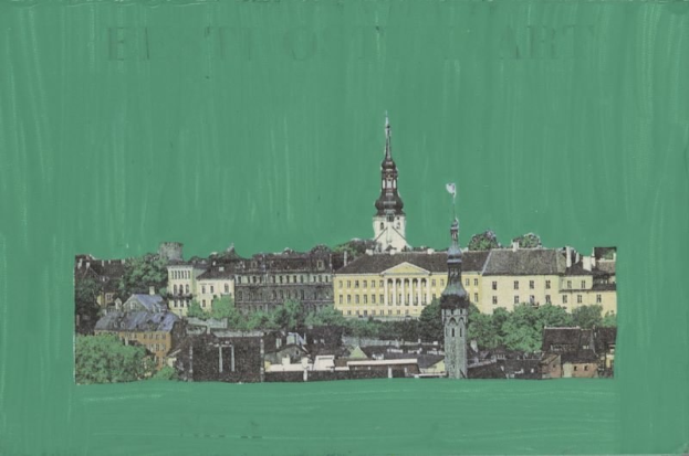 Stadtlandschaftsmalerei mit einem grünen Hintergrund, die Gebäude und Bäume zeigt.