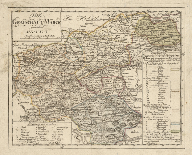 Ein detaillierter, alter Stadtplan von München, Deutschland, mit Straßen, Parks und Sehenswürdigkeiten in Blau, Grün und Gelb markiert und von einem dekorativen Rahmen umgeben.