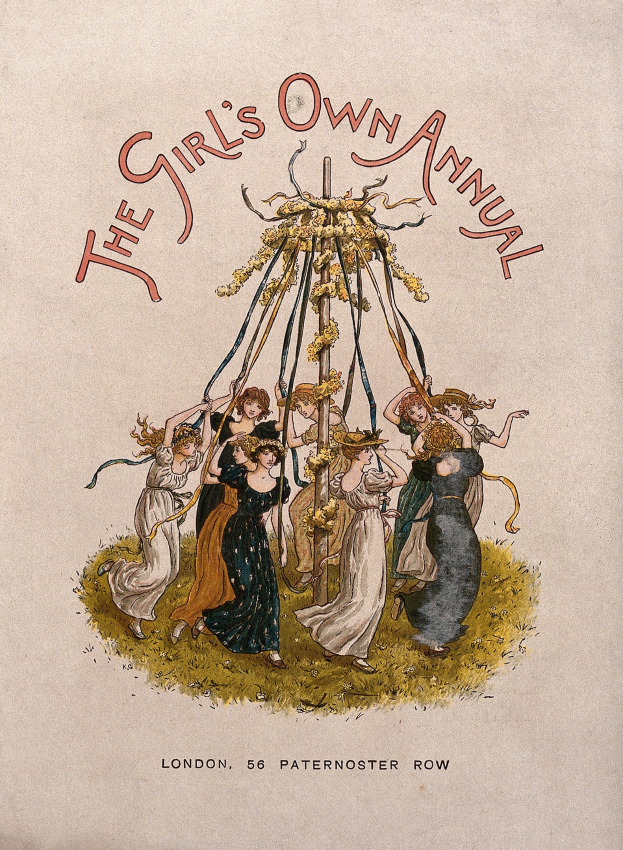 Eine Schwarz-Weiß-Illustration aus 'The Girl's Own Annual', die eine Gruppe von Menschen in bunten Kleidern zeigt, die um einen geschmückten Maibaum tanzen.