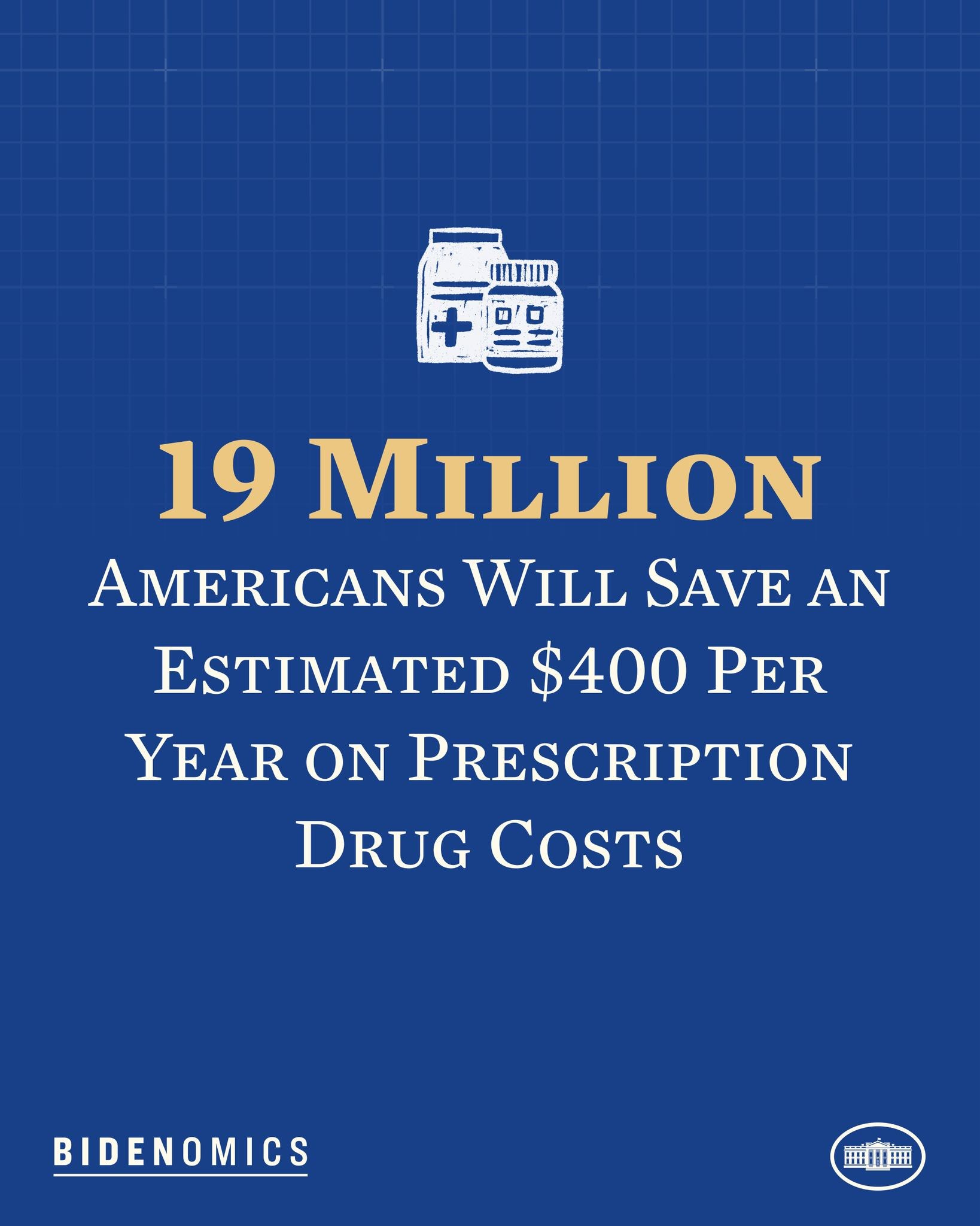 Blauer Hintergrund mit weißer Schrift und Logo, das besagt: "19 Millionen Amerikaner werden geschätzte 400 USD pro Jahr an Arzneimittelkosten sparen."