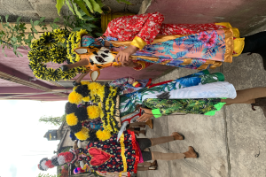 Eine Gruppe von Menschen in bunten Kostümen steht vor einem Gebäude und hält verschiedene Gegenstände, während im Hintergrund Bäume, Gebäude und ein klarer blauer Himmel zu sehen sind.