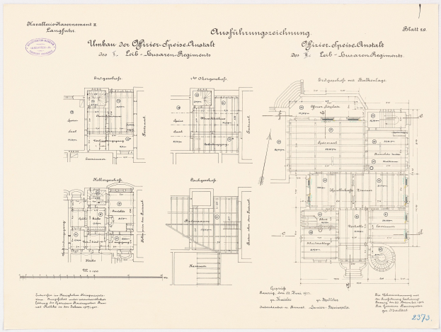 Ein detaillierter architektonischer Grundriss des ehemaligen Büro des deutschen Kanzlers, der den Gebäudeplan mit Zeichnungen und Text zeigt.