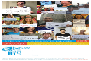 Ein Plakat für die Internationale Bildungswoche 2015, das eine Gruppe strahlender Menschen zeigt, die Schilder halten, mit Text, der Informationen zum Event enthält.