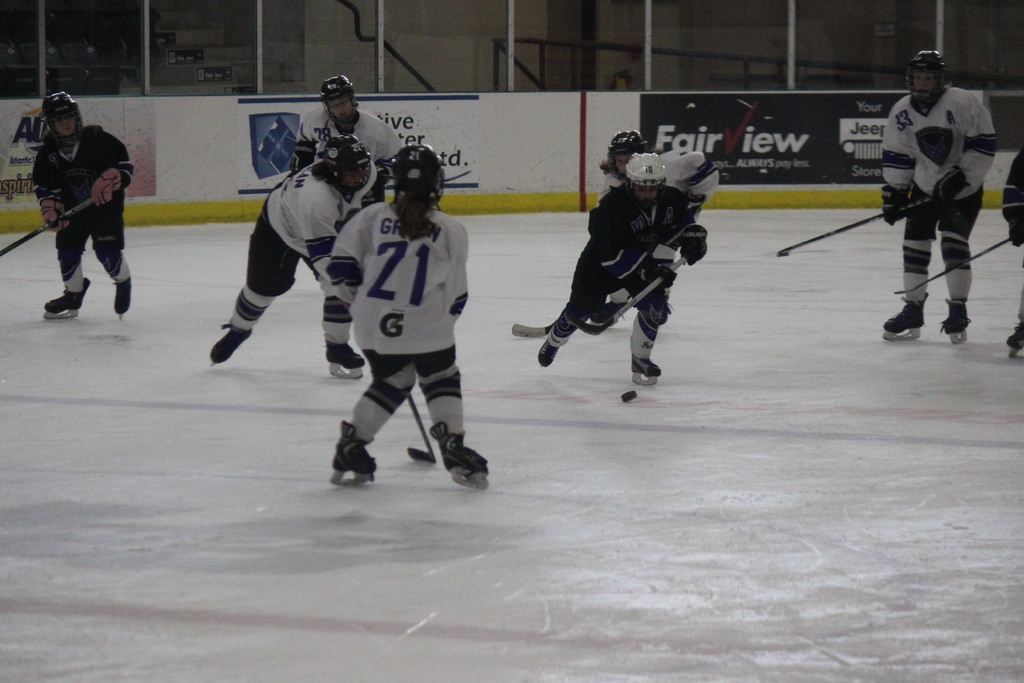 Eine Gruppe von Menschen hält Stöcke und spielt Hockey auf einem Boden mit Brettern, einem Pfahl und einer Wand im Hintergrund.