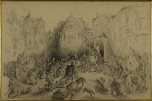 Ein gerahmtes Bild einer belebten Stadtstraße mit Menschen, die stehen und sitzen, vor einem lebendigen Hintergrund von Gebäuden.