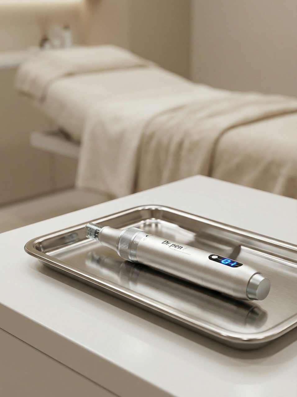 Ein modernes Microneedling-Gerät liegt auf einem sterilen Tablett in einem professionellen Kosmetikstudio.