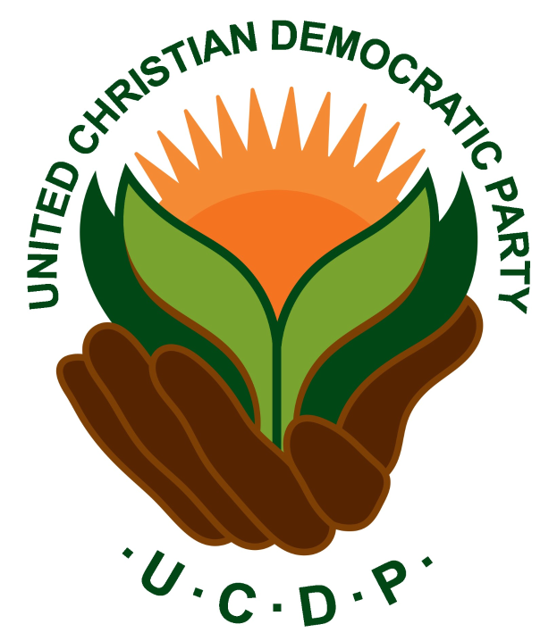 Logo der Vereinigte Christlich-Demokratische Partei (UCDP) mit einer Hand, die eine leuchtend gelbe Blume mit einem grünen Stiel und Blättern hält, vor einem weißen Hintergrund mit einem blauen und gelben Kreis in der Mitte, und dem Text "UCDP" in fetter schwarzer Schrift darunter.