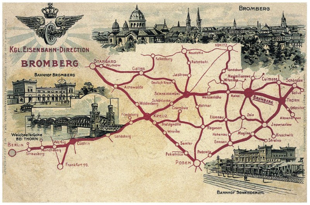 Detailierte historische Stadtplan-Poster von Bromberg, Deutschland, zeigt Straßen, Sehenswürdigkeiten wie Gebäude und eine Brücke, Bäume und informativen Text über die Geschichte und Kultur der Stadt.