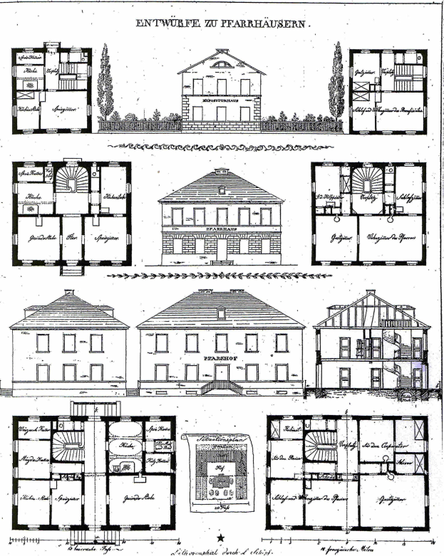 Schwarze und weiße architektonische Zeichnung eines Hauses mit zahlreichen Fenstern, beschriftet mit "Pläne für ein Haus in Deutschland", umgeben von Bäumen.