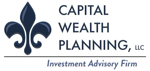 Logo der Capital Wealth Planning, LLC, eine Investmentberatungsfirma: ein blauer Kreis mit weißer Umrandung und einem weißen 'C' in der Mitte, umgeben von einem weißen Ring mit 'Capital Wealth Planning' in blau und 'Investment Advisory Firm' in weiß darunter.