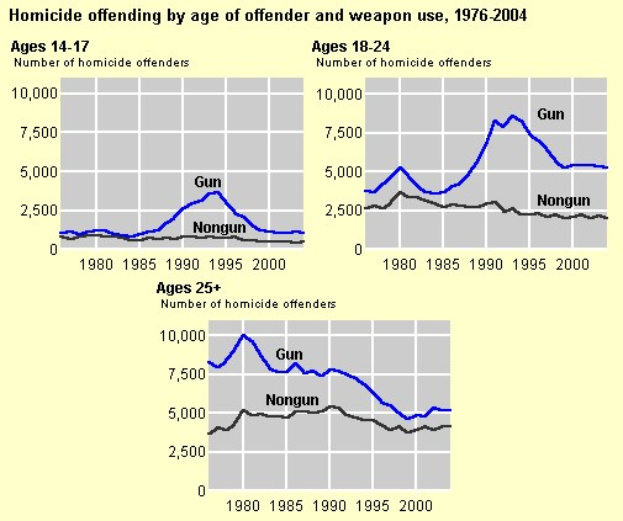 Eine Grafik, die die Tötungsdelikte nach Alter des Täters und Waffennutzung von 1976 bis 2004 zeigt, mit begleitendem Text, der weitere Informationen bietet.