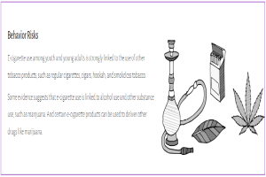 Ein Plakat mit einem Wasserpfeifen, Marihuanablättern und einer Zigarette mit Text, der vor dem Zusammenhang zwischen E-Zigarettengebrauch und anderen Tabakprodukten bei Jugendlichen und jungen Erwachsenen warnt.