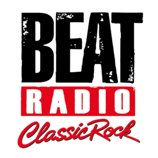 Ein Plakat mit "Beat Radio Classic Rock" in fetter schwarzer Schrift auf einem weißen Hintergrund, umgeben von einem hellgelben Rahmen und von einem schwarzen Rahmen umrahmt.