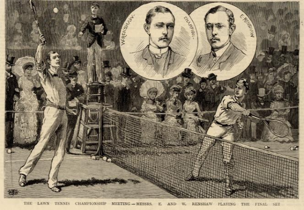 Schwarze und weiße Zeichnung von zwei Männern, die auf einem Court mit einem Netz Tennis spielen, während eine Gruppe von Menschen im Hintergrund zuschaut; Text unten lautet "The Lawn Tennis Championship Meeting - Messers, E und W Renshaw spielen das entscheidende Satz".