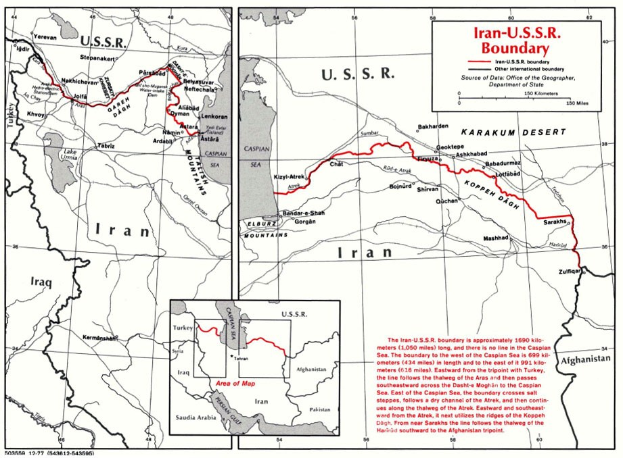 Detailierte Landkartenposter der iranisch-sowjetischen Grenze, das Länder, Grenzen, geografische Merkmale und zusätzliche Textinformationen zeigt.