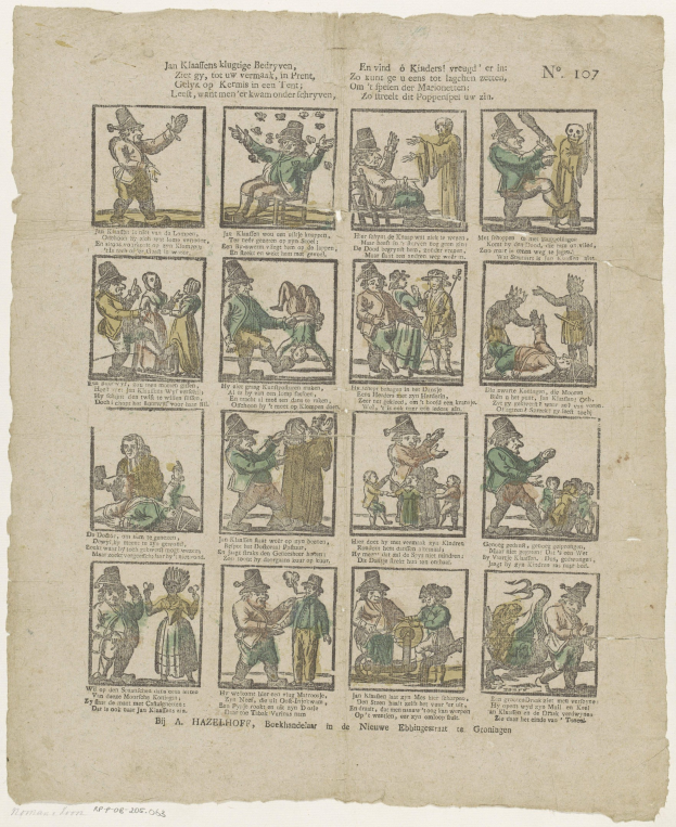 Eine Buchseite mit einer Zeichnung eines verzweifelten Mannes in Hut und Frau in Kleid bei einer hitzigen Diskussion, umgeben von Text und zusätzlichen Bildern.