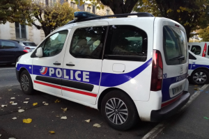 Polizeifahrzeug auf einer von Gebäuden, Bäumen und abgefallenen Blättern gesäumten Straße geparkt.