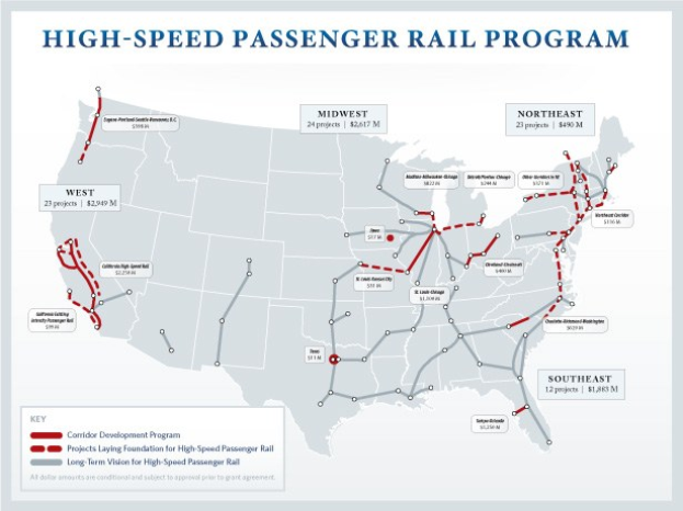 Ein Plakat, das eine detaillierte Karte des U.S.-amerikanischen Hochgeschwindigkeits-Personenverkehrsprogramms zeigt, einschließlich Routen und wichtiger Standorte, mit erklärendem Text.