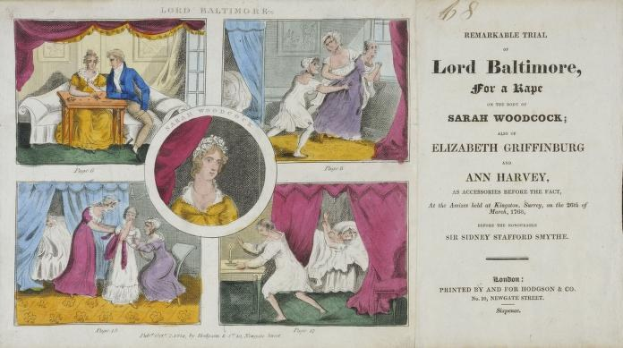 Eine historische Illustration, die einen Prozess mit Porträts, Vorhängen und Text auf einem Papierhintergrund zeigt.