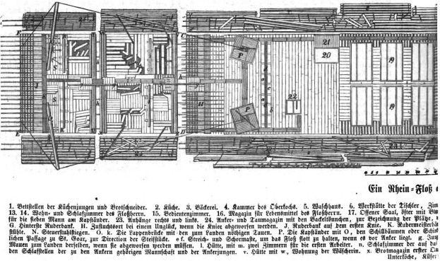 Eine Schwarz-Weiß-Zeichnung eines zweistöckigen Gebäudes mit zahlreichen rechteckigen Fenstern und einer zentralen Tür, das als das erste deutsche Haus im 18. Jahrhundert bezeichnet wird, begleitet von Text auf demselben Blatt Papier.
