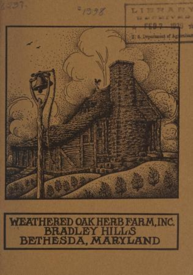 Ein verwittertes Eichenkraut-Hofgebäude in Bradley Hills, Bethesda, Maryland, umgeben von grünem Gras und fliegenden Vögeln, mit dem Text "Weathered Oak Herb Farm, Inc." auf dem Umschlag eines alten Buches.