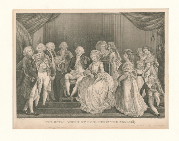 Eine Gruppe von Menschen, einschließlich der königlichen Familie Englands, die auf einer Treppe vor einer Vorhangwand im Jahr 1787 steht und sitzt, mit Text unten.