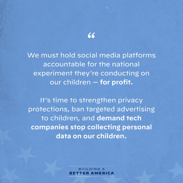 Ein Plakat mit einem Zitat aus Building a Better America, das besagt: "Wir müssen die sozialen Medien-Plattformen für das nationale Experiment zur Rechenschaft ziehen, das sie an unseren Kindern durchführen - zum Profit.", geschmückt mit Sternen.