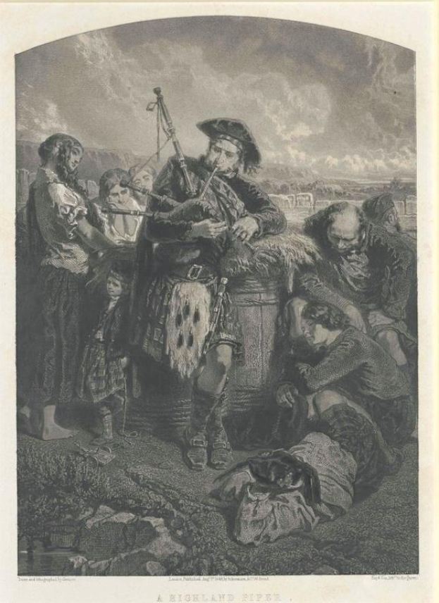 Schwarz-weißes Gravur eines Mannes, der eine Dudelsack vor einer Gruppe von Menschen unter einem bewölkten Himmel spielt, mit dem Text "Ein Highland-Pfeife" unten.