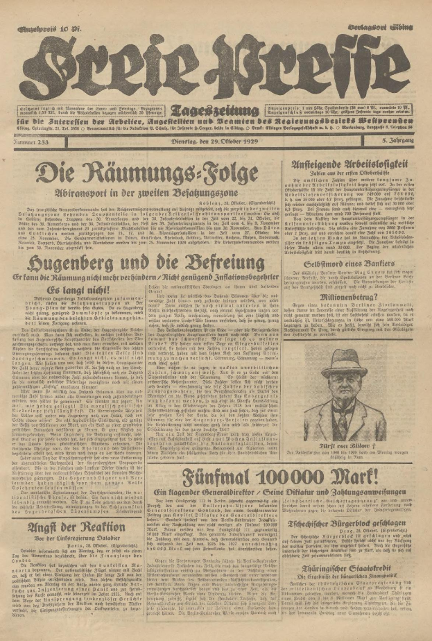 Alte deutsche Zeitung vom 29. September 1929 mit der Schlagzeile "Sugenberg und die Defreiung" mit einem ernst dreinblickenden Mann in Anzug und Krawatte und Hut.