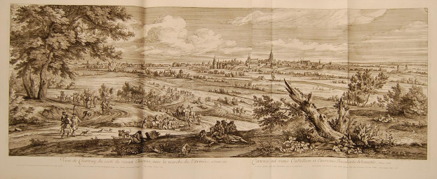 Ein aufgeschlagenes Buch mit dem Titel 'Ansicht der Schlacht von Castellum und Castellium aus der Illustrated London News', das eine historische Schlachtenszene mit Menschen, Bäumen, Gebäuden und Wolken zeigt.