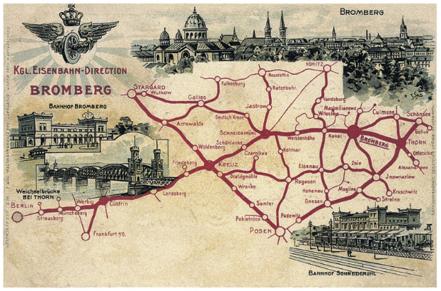 Ein detaillierter Stadtplan von Bromberg, Deutschland, mit Straßen, Sehenswürdigkeiten, Gebäuden, Bäumen und einer Brücke, begleitet von Texten zur Geschichte, Kultur und Attraktionen der Stadt.