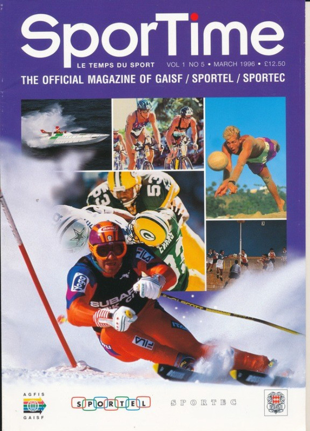 Titelbild des *Sporttime Magazin* (März 1996) mit Skifahren und Snowboarden