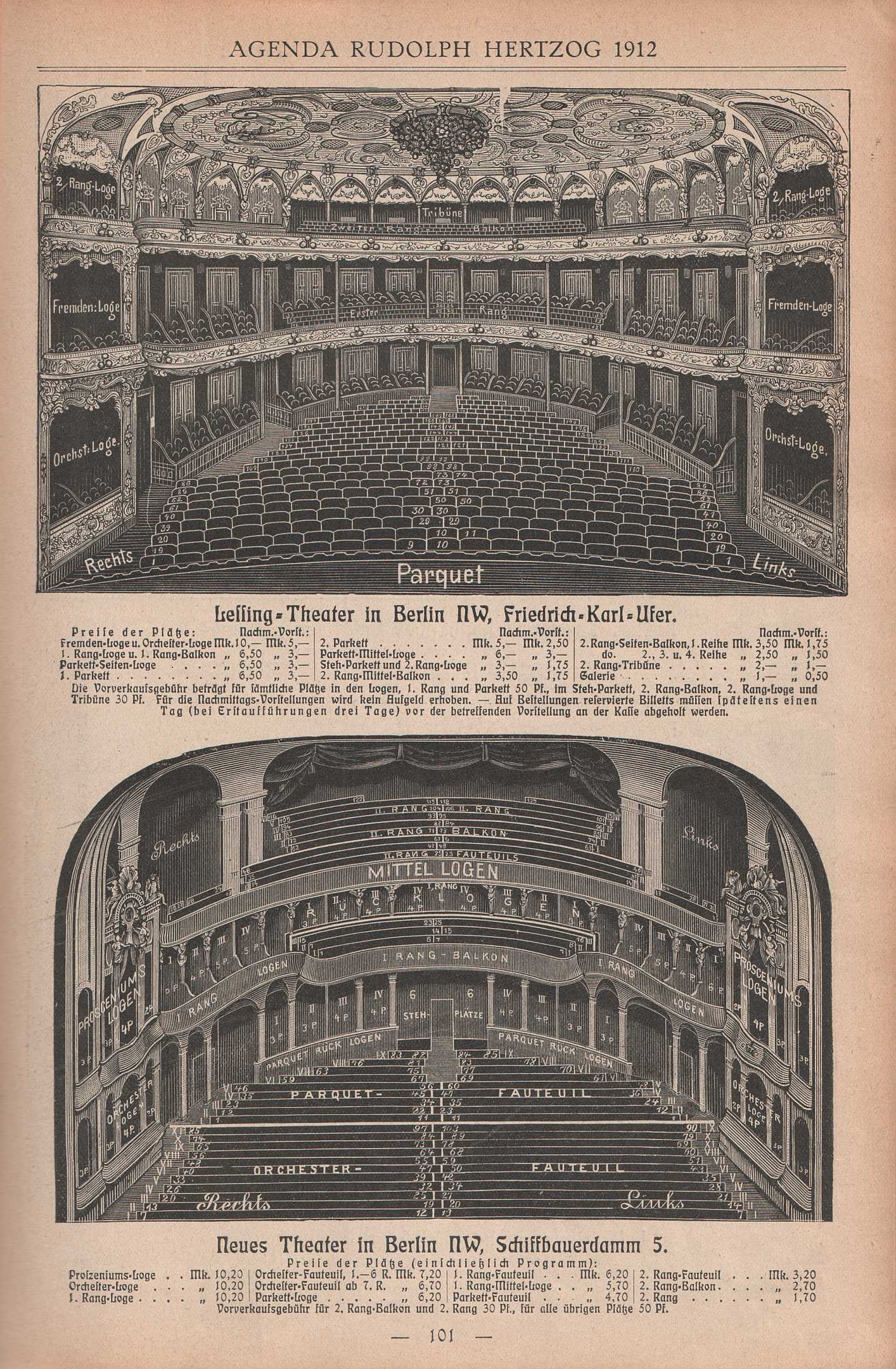 Schwarz-weiß-Illustration einer alten Buchseite mit einer großen Auditoriumszeichnung in Berlin, Deutschland von 1912, mit detaillierten Zeichnungen und Texten zur Beschreibung des Theaters.