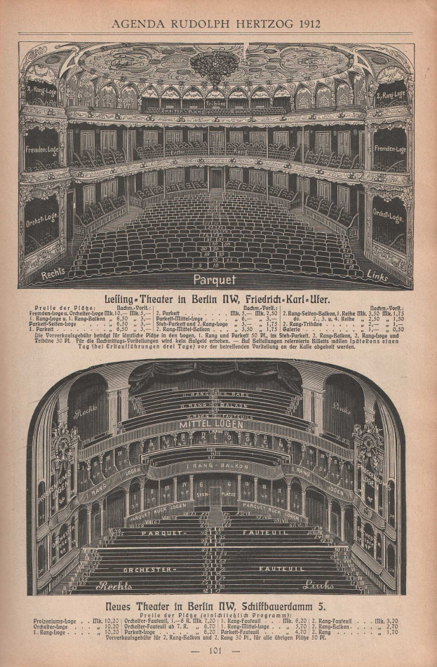 Schwarz-weiß-Illustration einer alten Buchseite mit einer großen Auditoriumszeichnung in Berlin, Deutschland von 1912, mit detaillierten Zeichnungen und Texten zur Beschreibung des Theaters.