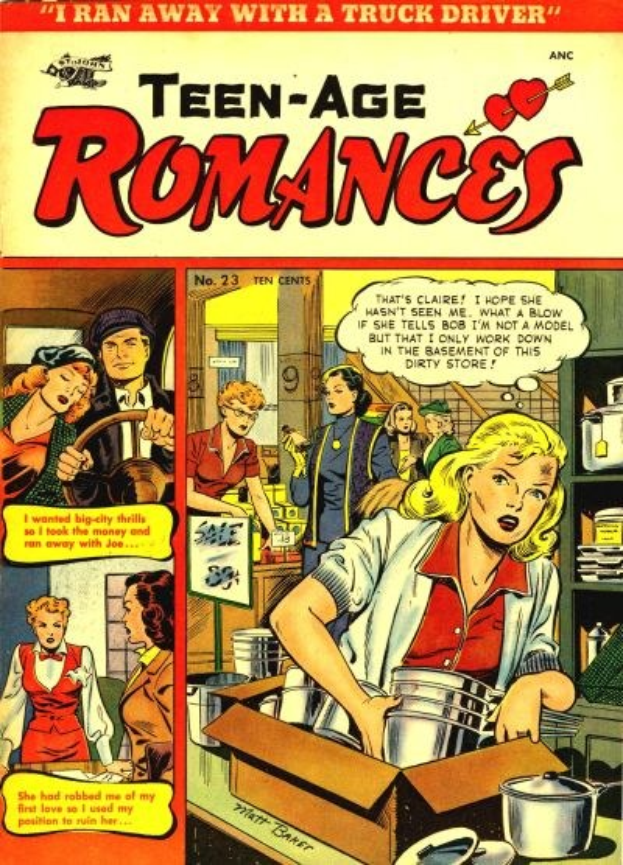 Ein farbenfroher Comicbuchplakat titled 'Teen-Age Romances 23-A by DC' zeigt eine Gruppe von Menschen in einer fröhlichen, romantischen Umarmung mit fetter Schrift und farbenfroher Grafik.