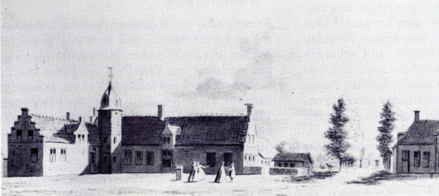 Schwarze und weiße Zeichnung einer Stadtstraße mit einer Kirche im Hintergrund, umgeben von Gebäuden, Bäumen und Menschen, mit Text unten: "Die Kirche der Heiligen Dreifaltigkeit in Den Haag, Niederlande".