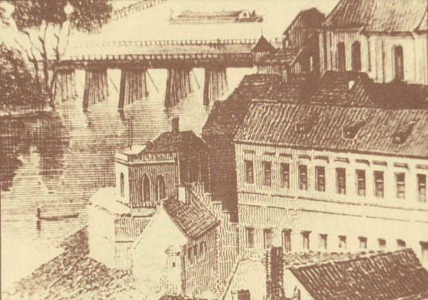 Eine Zeichnung einer Brücke, die einen Fluss überspannt, mit Gebäuden im Vordergrund, Bäumen links und einem Boot auf dem Wasser, beschriftet als Ludwig van Beethovens Darstellung von Köln, Deutschland.