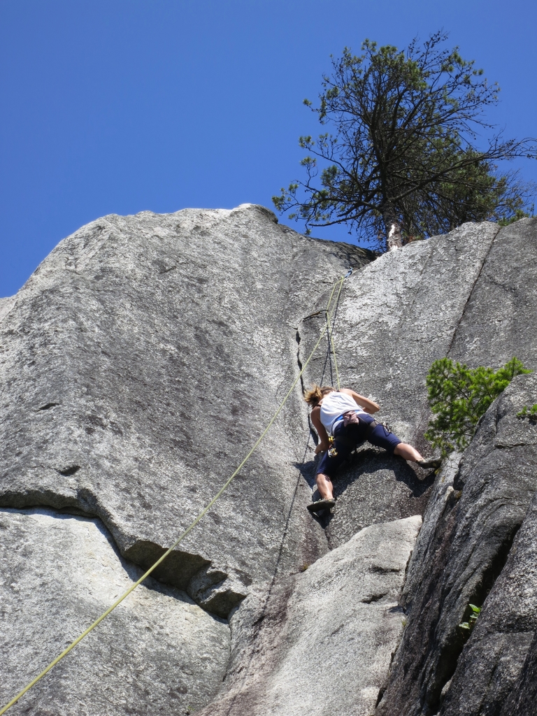 Eine Frau klettert an einem Felsen hoch, dabei nutzt sie Seile. Oben sind Bäume zu sehen und der Himmel ist blau.