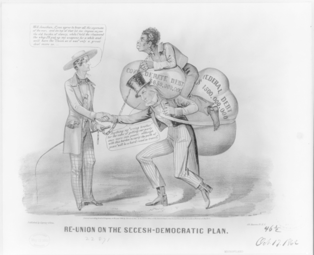 Schwarzes und weißes Cartoon von zwei Männern, die sich die Hand schütteln, einer trägt eine Tasche, mit Text 'Wiedervereinigung auf dem secesh-demokratischen Plan'.