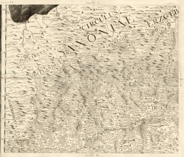 Detailiertes altes Sachsen-Karte von Deutschland, das geografische Merkmale wie Flüsse, Berge und Städte zeigt, mit beschreibenden Textanmerkungen.