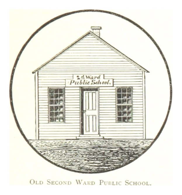 Ein zweistöckiges Backsteinschulgebäude mit einem zentralen Haus mit einer Tür und Fenstern, beschriftet mit 'Zweite Ward Public School.'