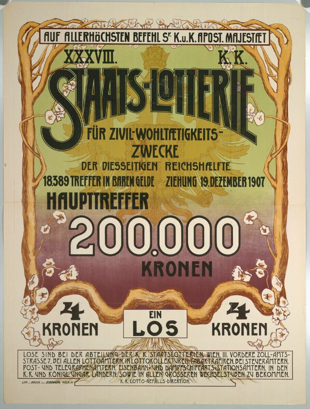 Plakat an einer Gebäudewand, das eine Lotterie mit Text, Zahlen und einem großen Bild von Geld anpreist.