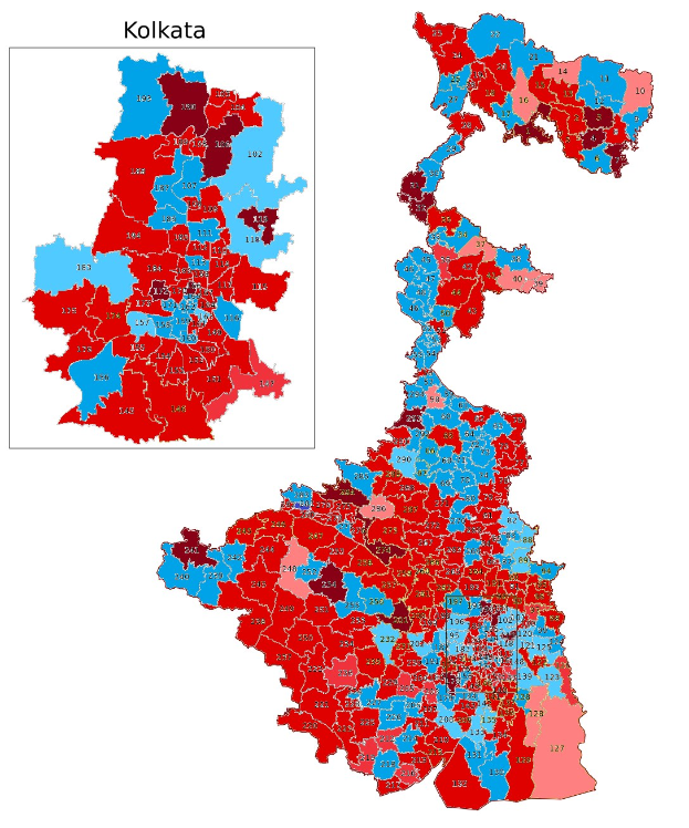 Eine Karte von Kolkata, Indien, farbcodiert, um den Prozentsatz der Bewohner zu zeigen, die in der Stadt leben, mit der Überschrift "Kolkata Wahl-Ergebnisse" oben.