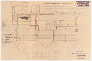 Schwarz-weißer Architekturentwurf des Rosenhof-Krankenhauses in Hamburg, Deutschland, der detaillierte Layout mit zahlreichen Drähten und beschriftete Räume, Flure und Merkmale auf altem Papier zeigt.