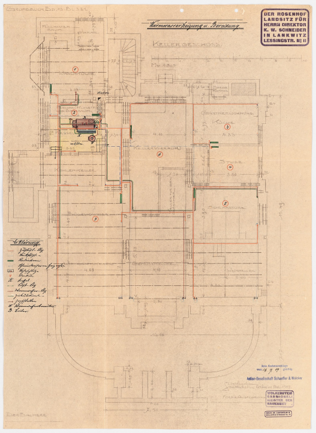 Schwarz-weißer Architekturentwurf des Rosenhof-Krankenhauses in Hamburg, Deutschland, der detaillierte Layout mit zahlreichen Drähten und beschriftete Räume, Flure und Merkmale auf altem Papier zeigt.