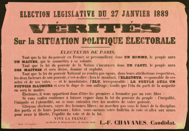 Plakat mit schwarzem Hintergrund, das den Text "Vérités sur la Situation Politique Electorale" in Französisch anzeigt.