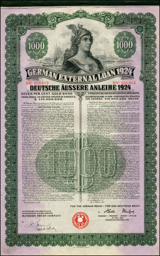 Deutsches Auslandsdarlehen-Zertifikat aus dem Jahr 1924 mit einem Frauenporträt, bedruckt mit Text und numerischen Denominationen auf altem Papier.