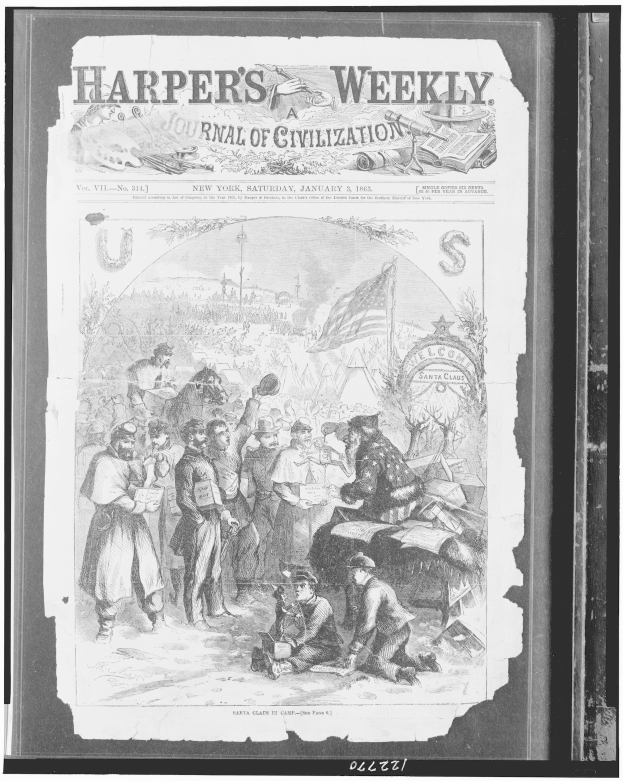 Schwarzes und weißes Bild von Menschen, die um eine Zeitung namens 'Harper's Weekly Journal of Civilization' versammelt sind, einige lesen oder diskutieren sie.