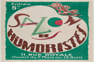 Ein Plakat, das ein Humorsalon in Paris, Frankreich, ankündigt, mit Text, der die Angebote des Salons beschreibt.